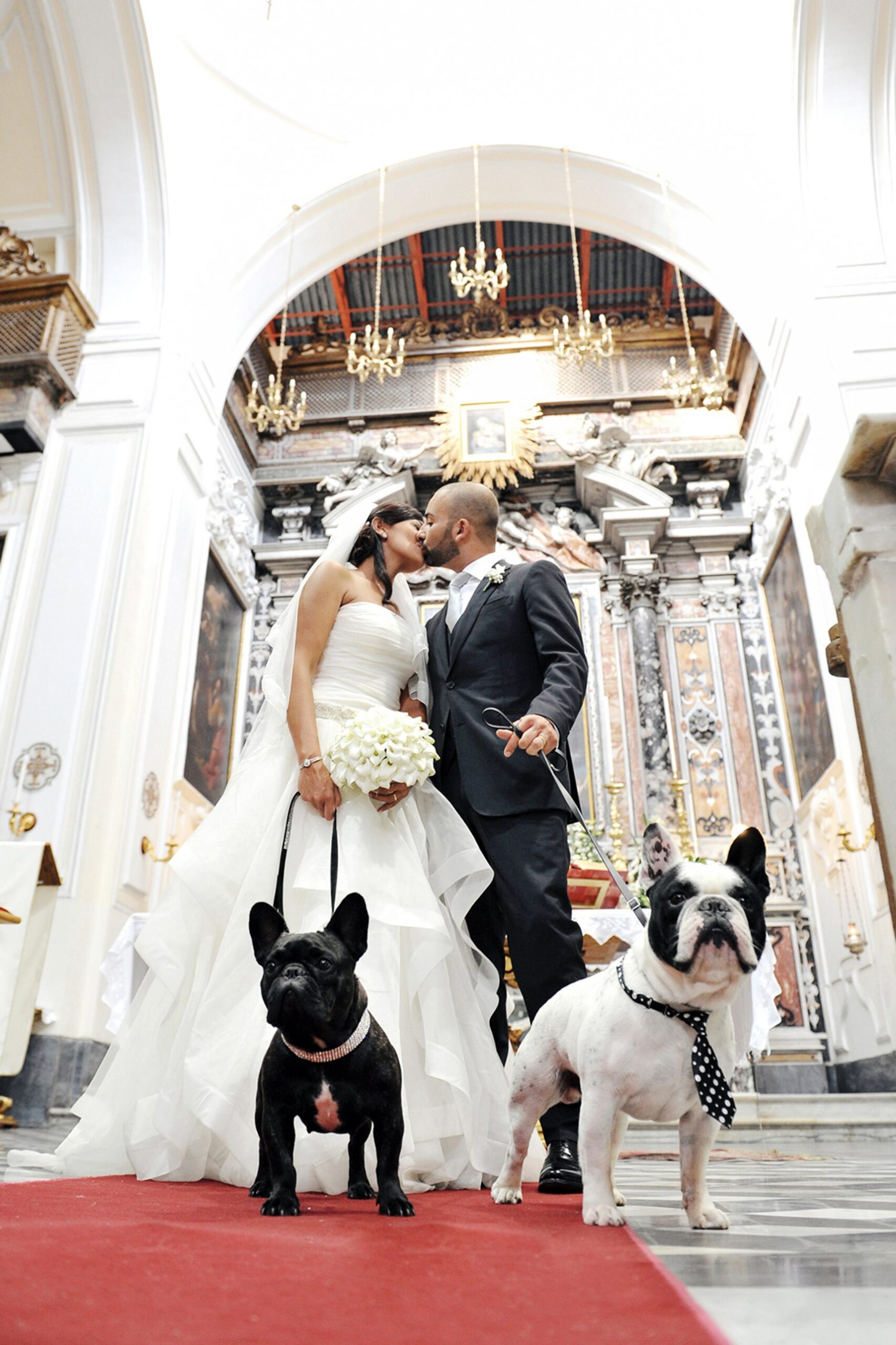Gli sposi si baciano in chiesa con i loro due bulldog francesi